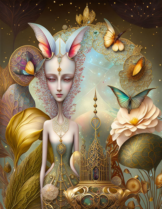 Surreal female figure with pale skin and butterfly wings in nature-themed illustration