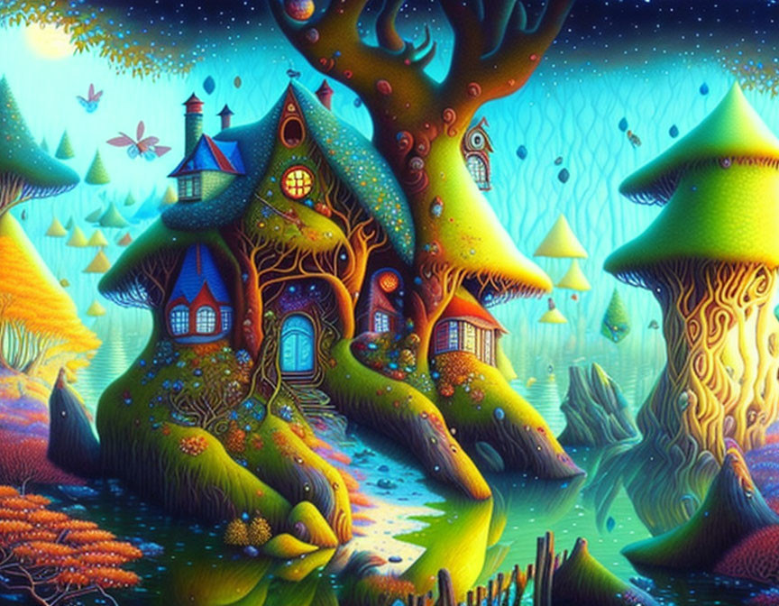 Colorful surreal landscape with whimsical tree houses and glowing windows