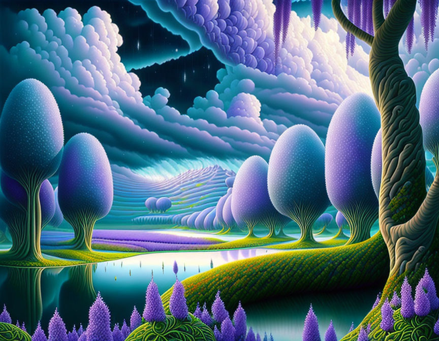 Surreal landscape with purple and blue hues, stylized trees, undulating hills, whimsical