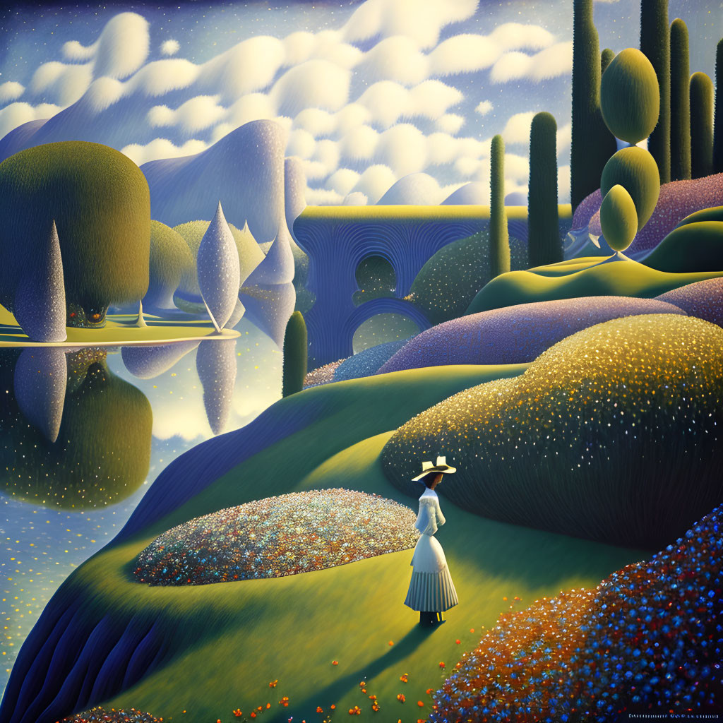 Vintage clothing person in stylized landscape painting