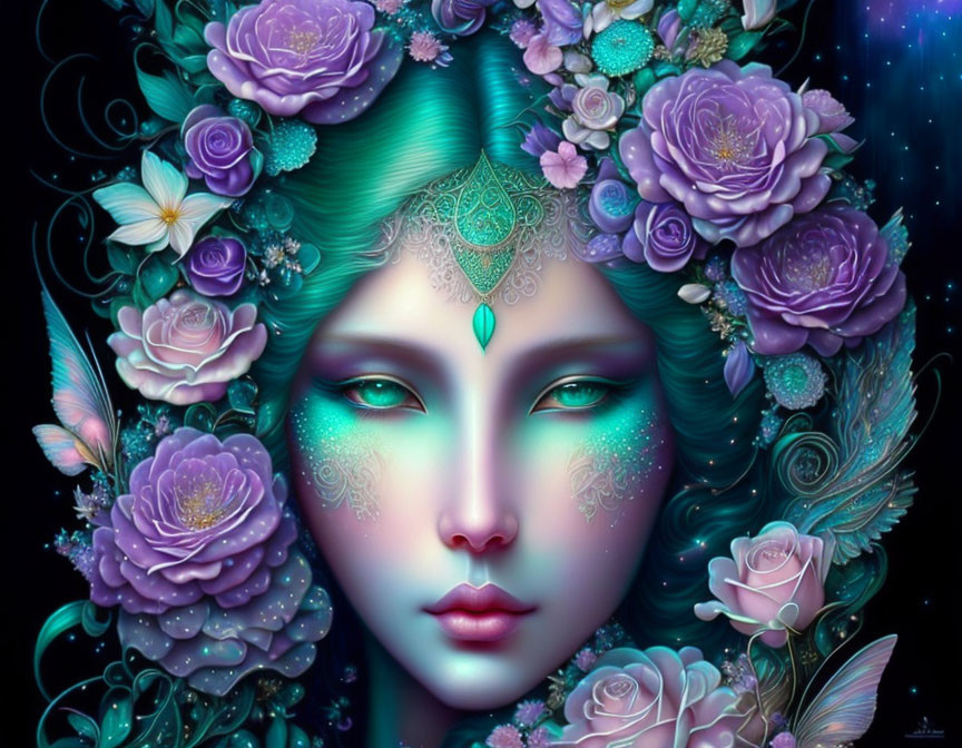 Mystical woman with emerald hair and purple flowers