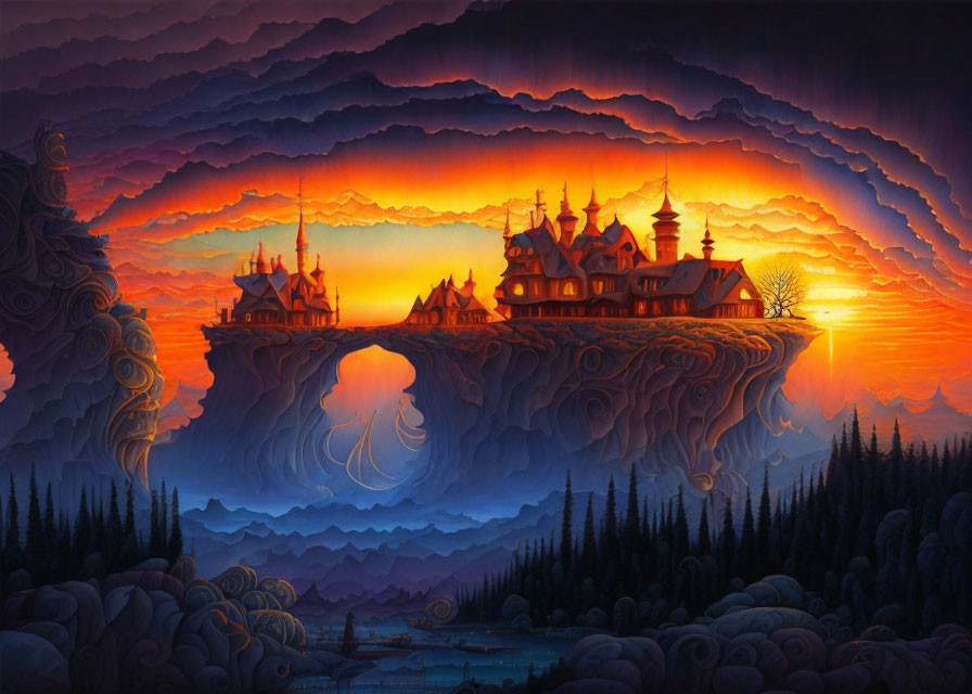 Surreal landscape with wavy cliffs, castle, sunset, water, forest