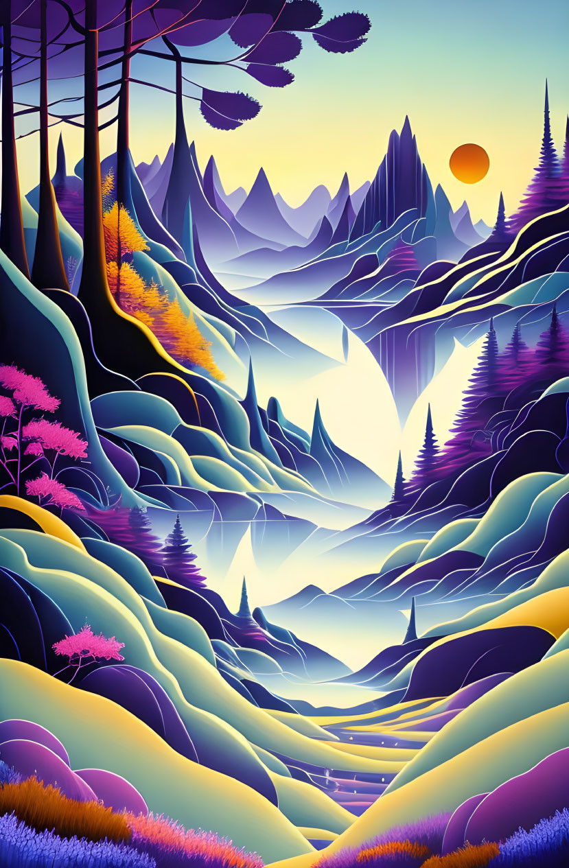 Colorful digital artwork of stylized landscape with mountains, trees, and sun