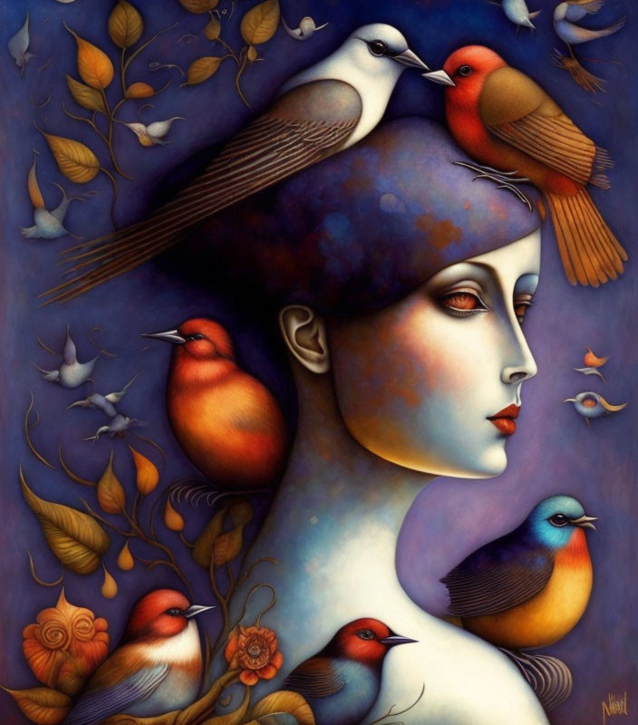 Colorful Birds and Foliage Blend with Woman in Surreal Illustration