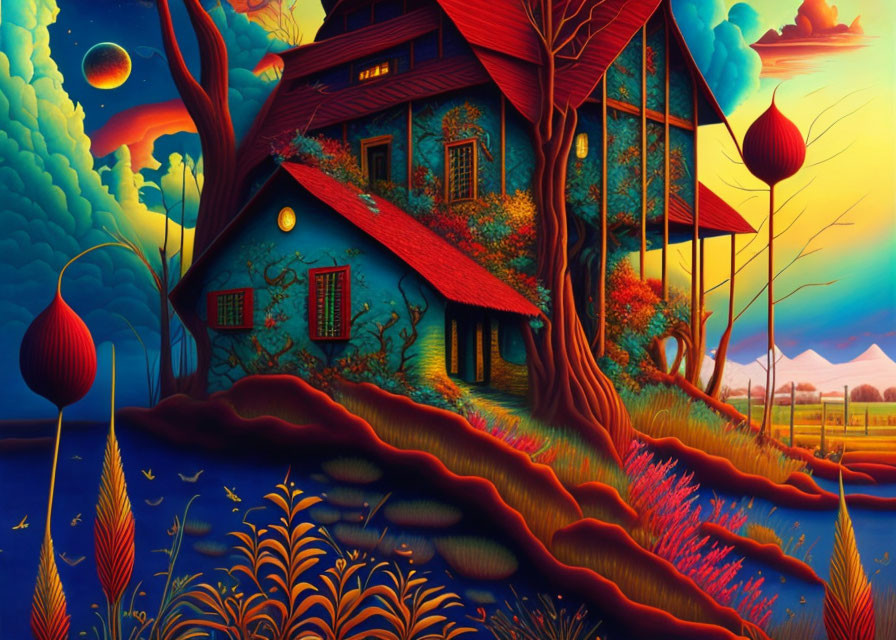 Surreal landscape with blue house, greenery, red lanterns, and multiple moons