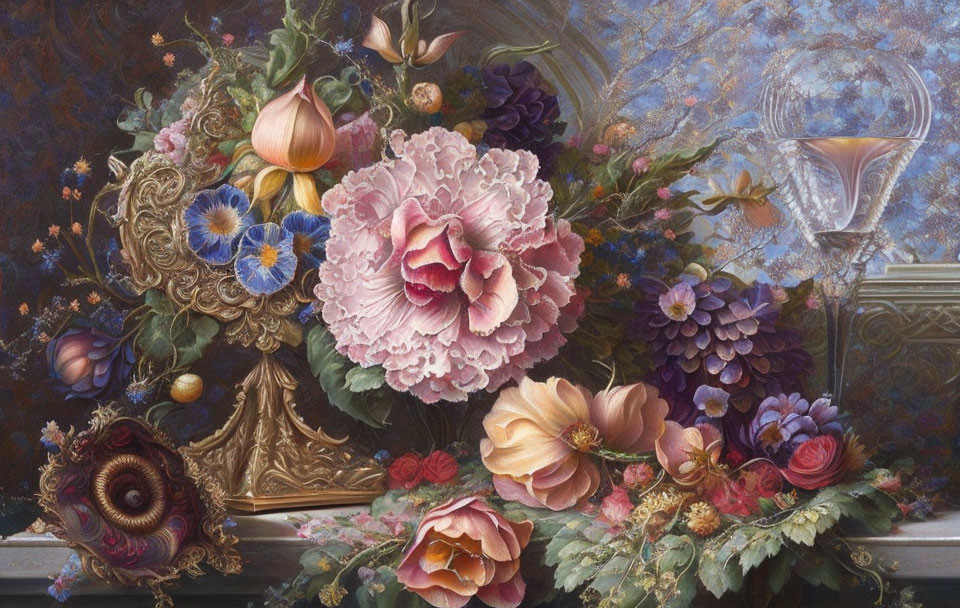 Detailed Still Life Painting with Flowers, Fruits, Vase, and Glass