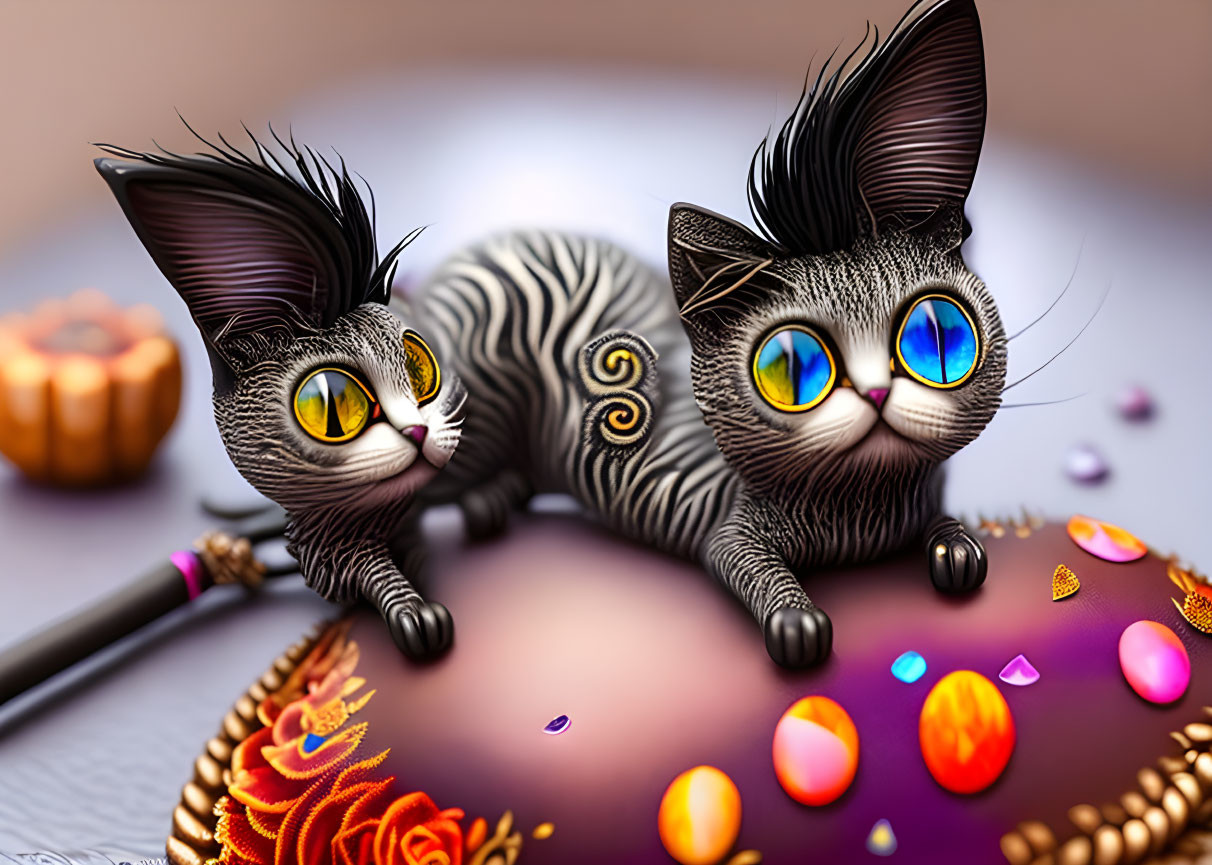 Whimsical cats with vibrant eyes lounging among colorful candies and embroidery