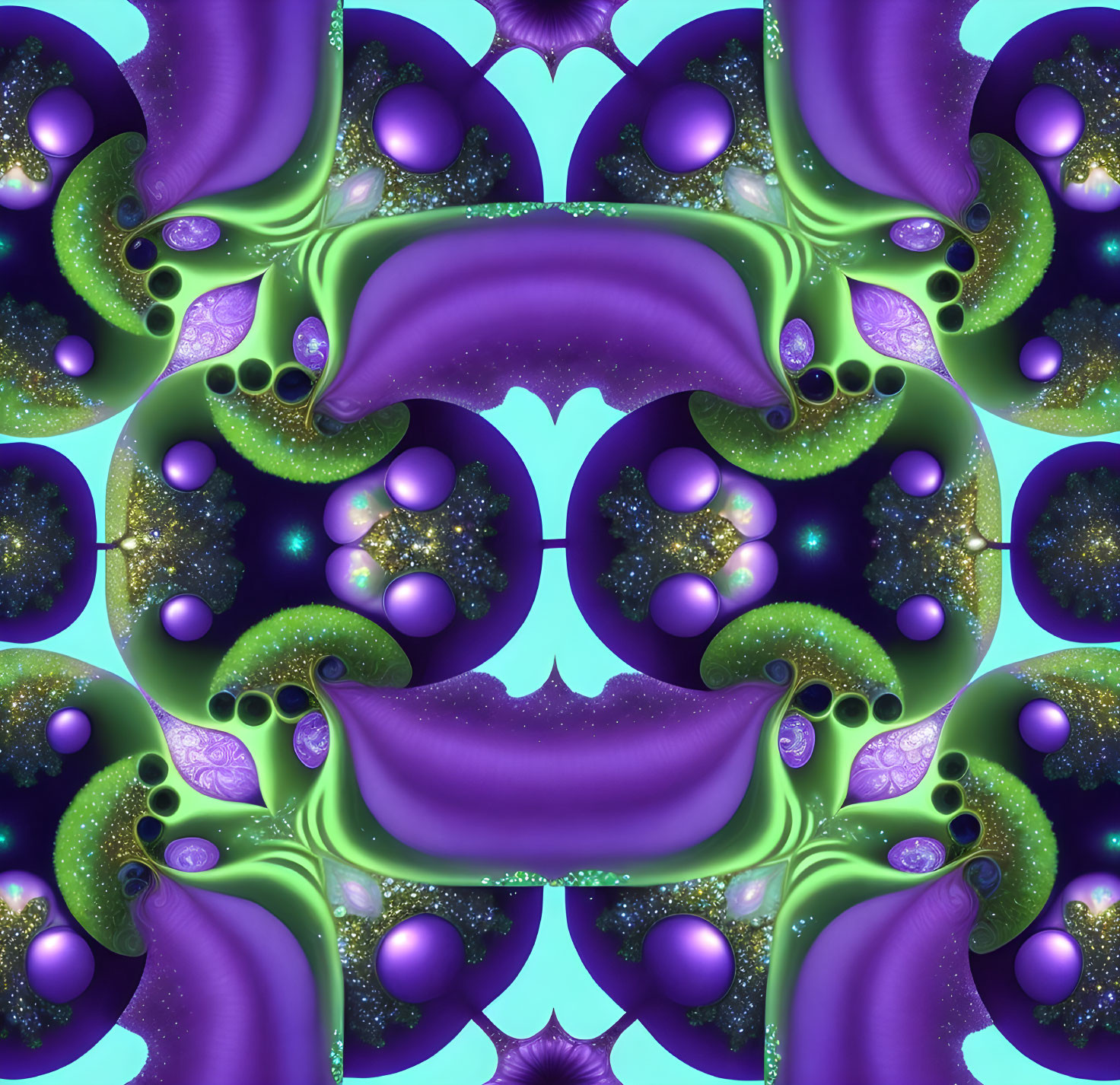 Symmetrical fractal image with purple and green shades and spherical & leaf-like patterns