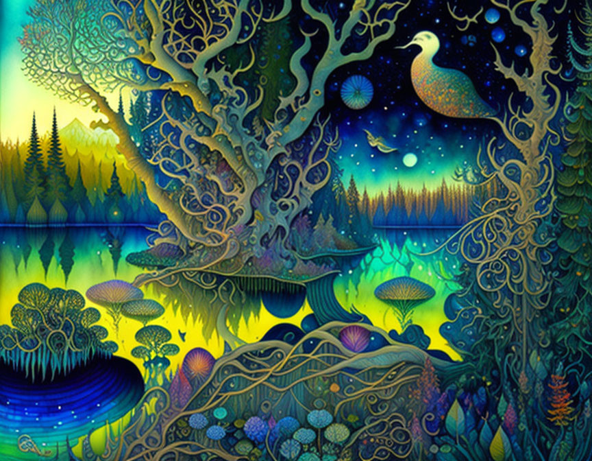 Detailed mystical forest illustration with tree, night sky, bird, plants, and river