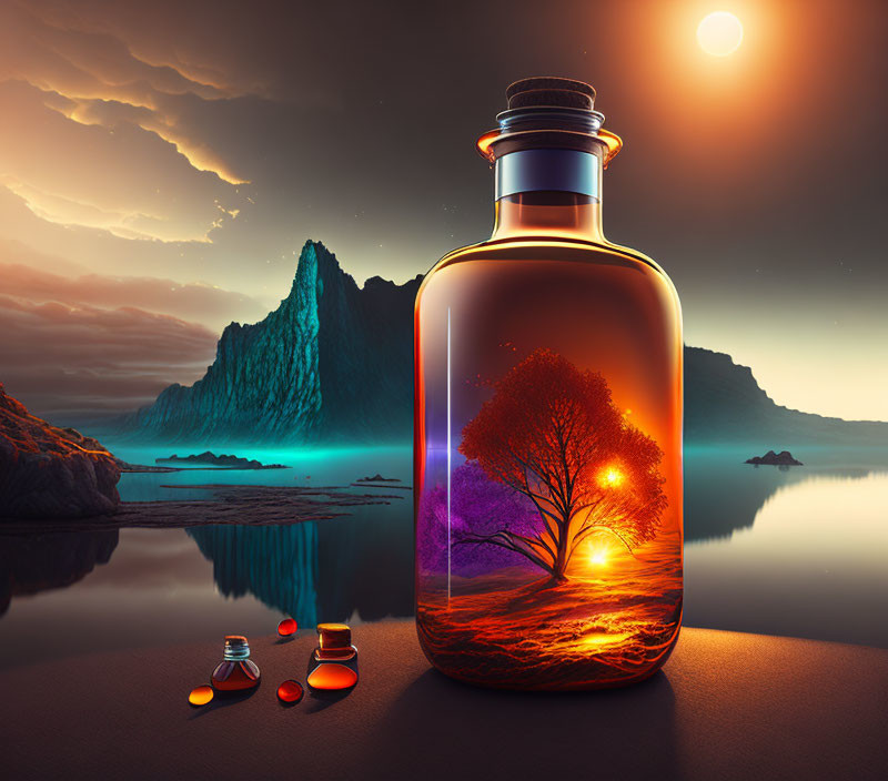 Surreal image: Large bottle with sunset landscape, smaller bottles, mountains, water, evening sky