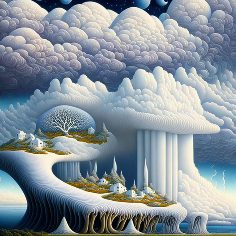 Surreal landscape with flowing terrain, houses on columns, lone tree, and dream-like sky