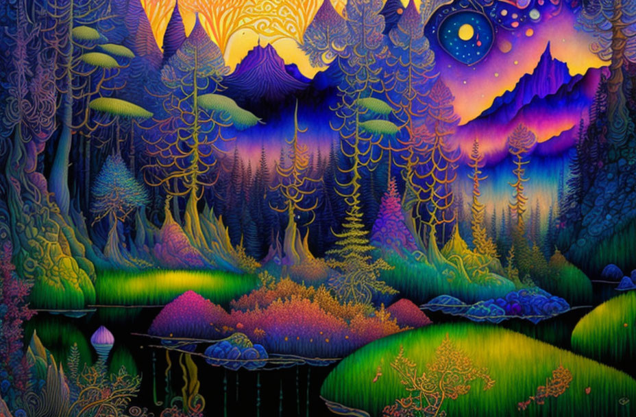 Colorful Psychedelic Landscape with Trees, Mountains, and Celestial Bodies