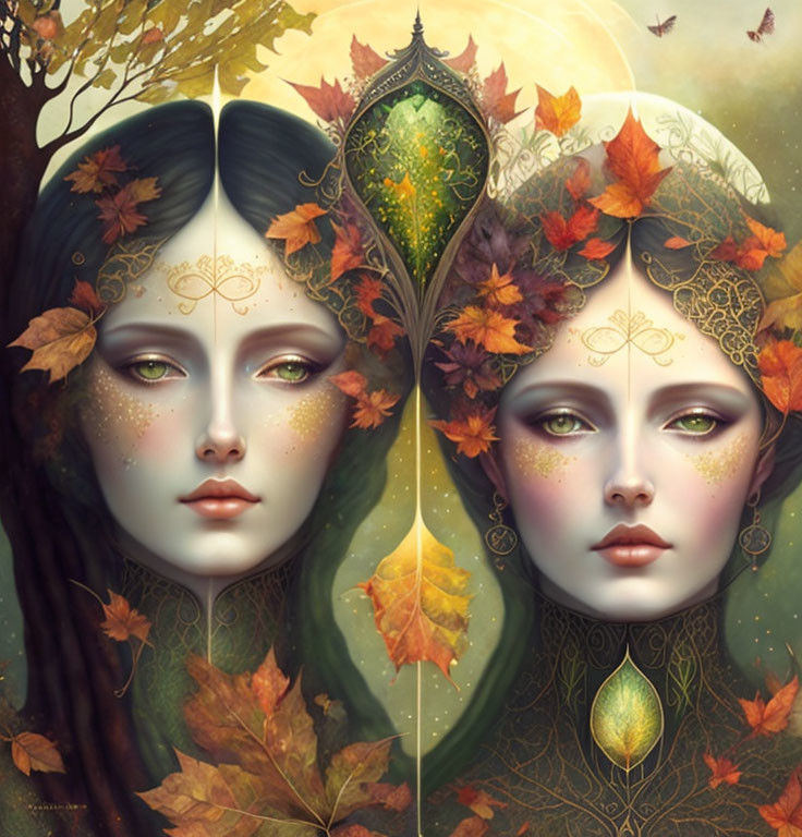 Symmetrical faces with golden patterns in autumn setting