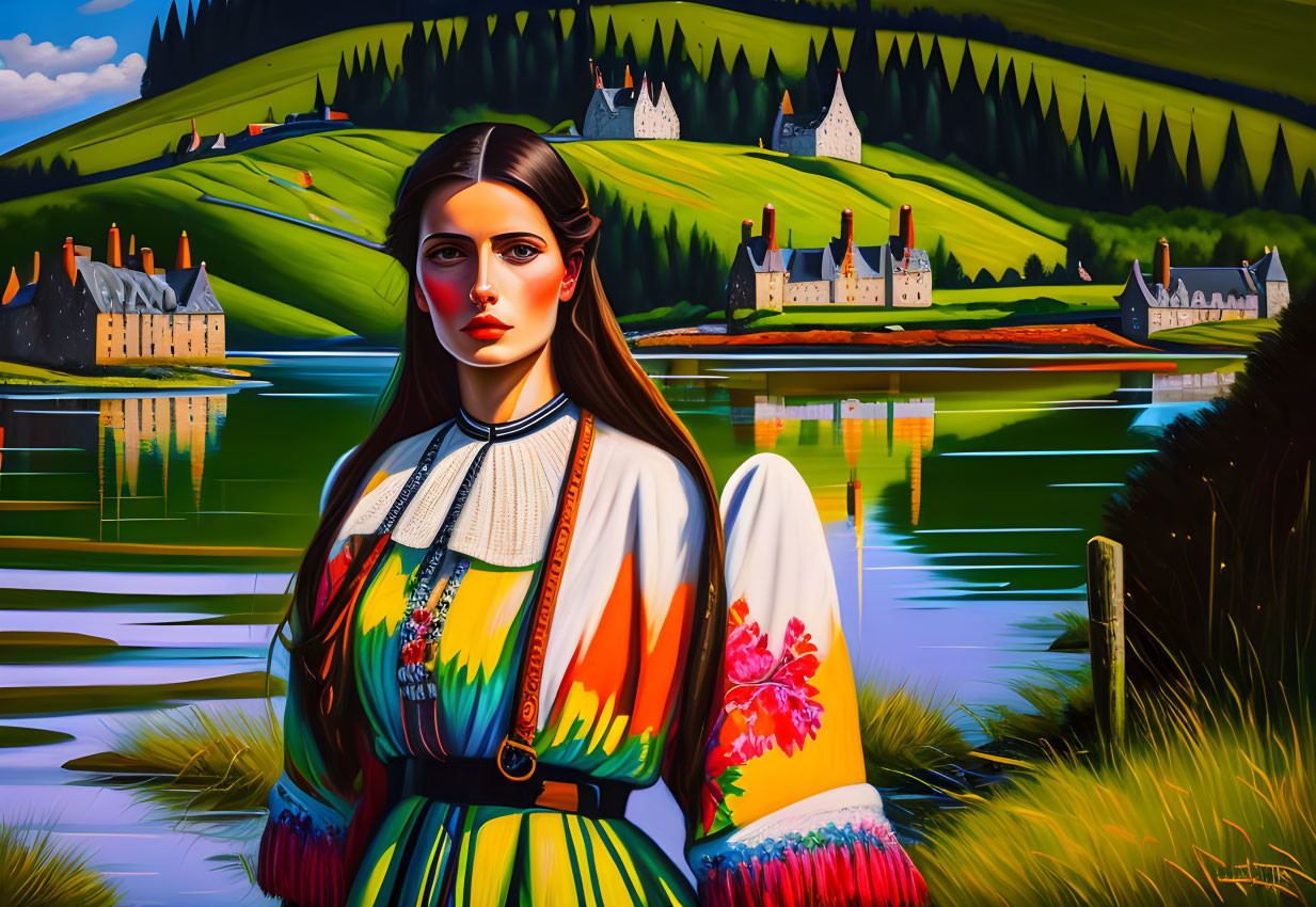 Traditional Attire Woman Painting with Castle Landscape