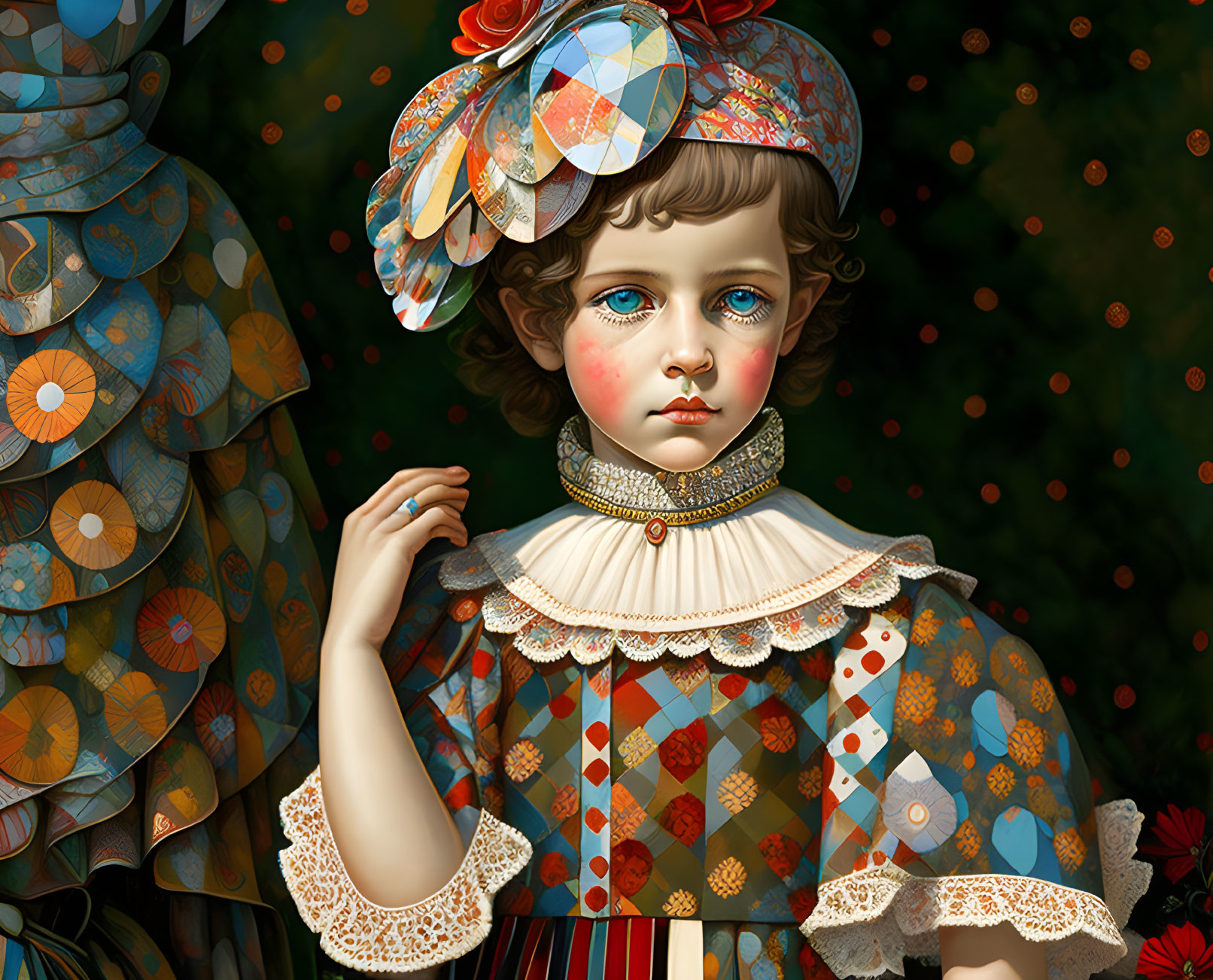 Vintage portrait of young child with blue eyes and rosy cheeks in patterned outfit