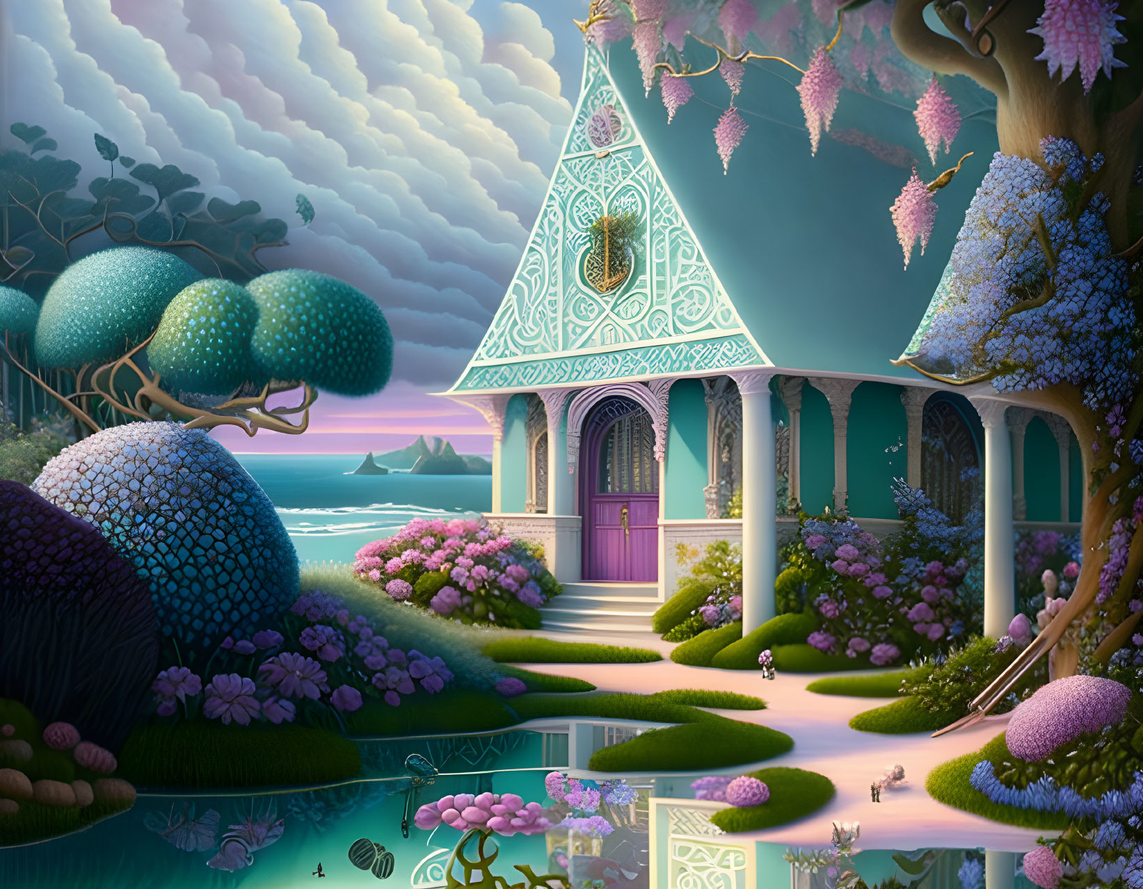 Colorful Fantasy Cottage Landscape with Blooming Trees and Mountains