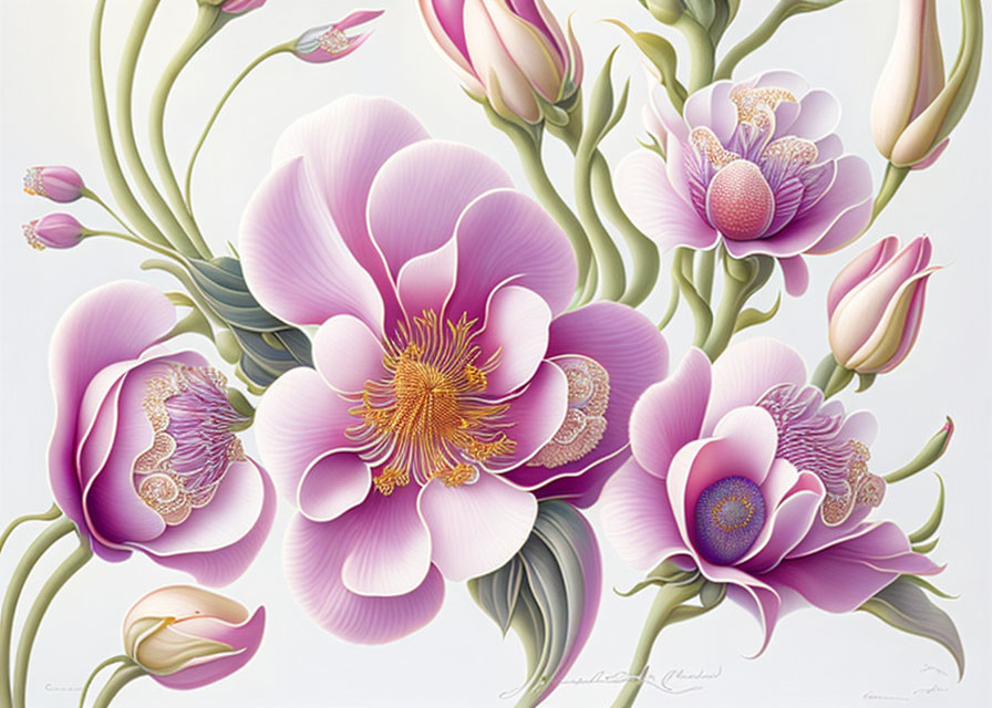 Detailed Illustration of Vibrant Pink Flowers with Golden Centers and Green Stems