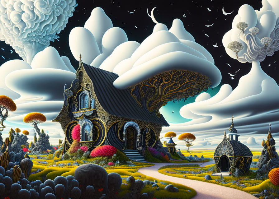 Colorful surreal landscape with stylized house and trees under swirling clouds