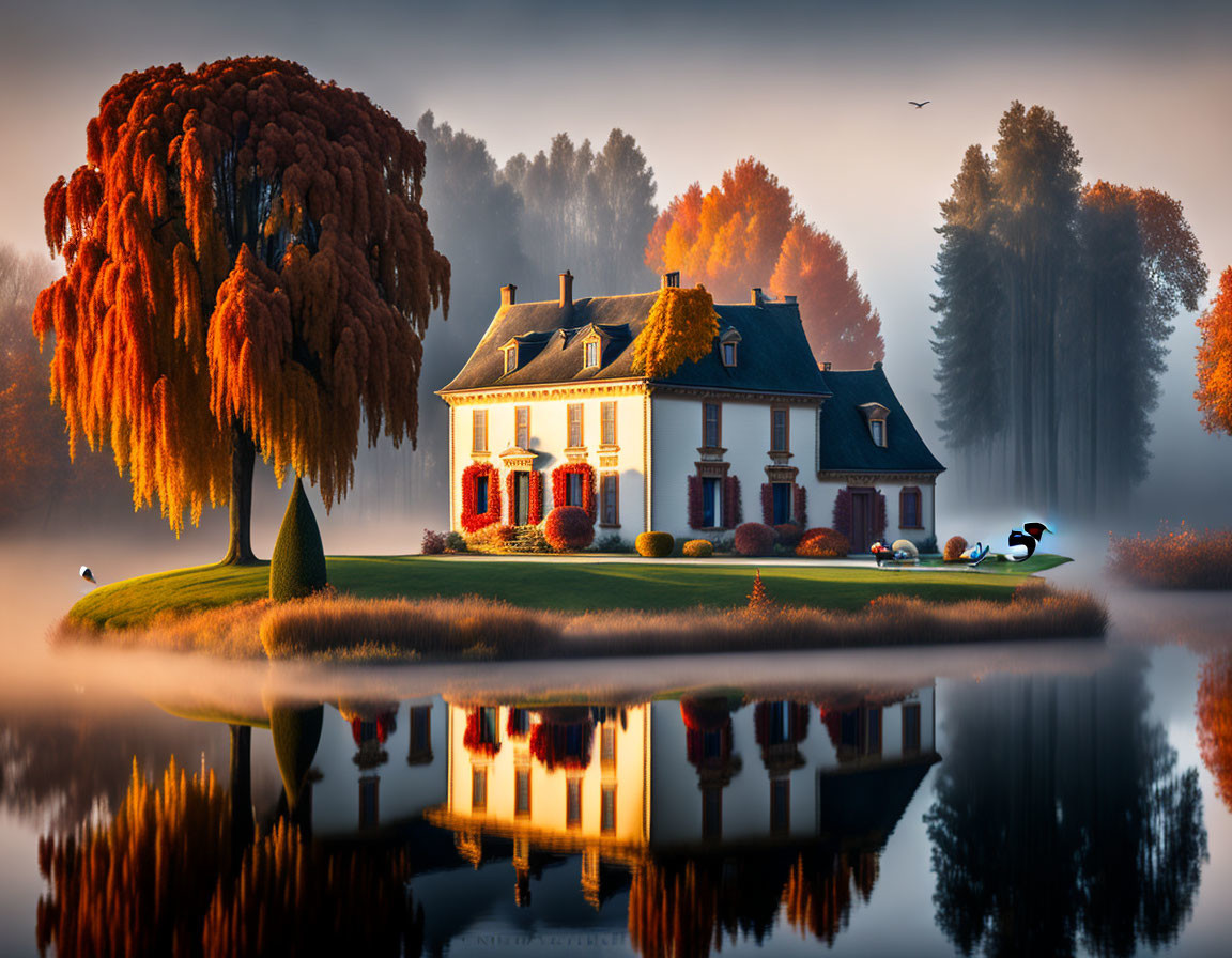 Tranquil lakeside house at dawn with vibrant trees and mist