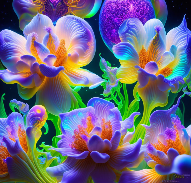 Neon-colored flowers and mystical planet in starry sky