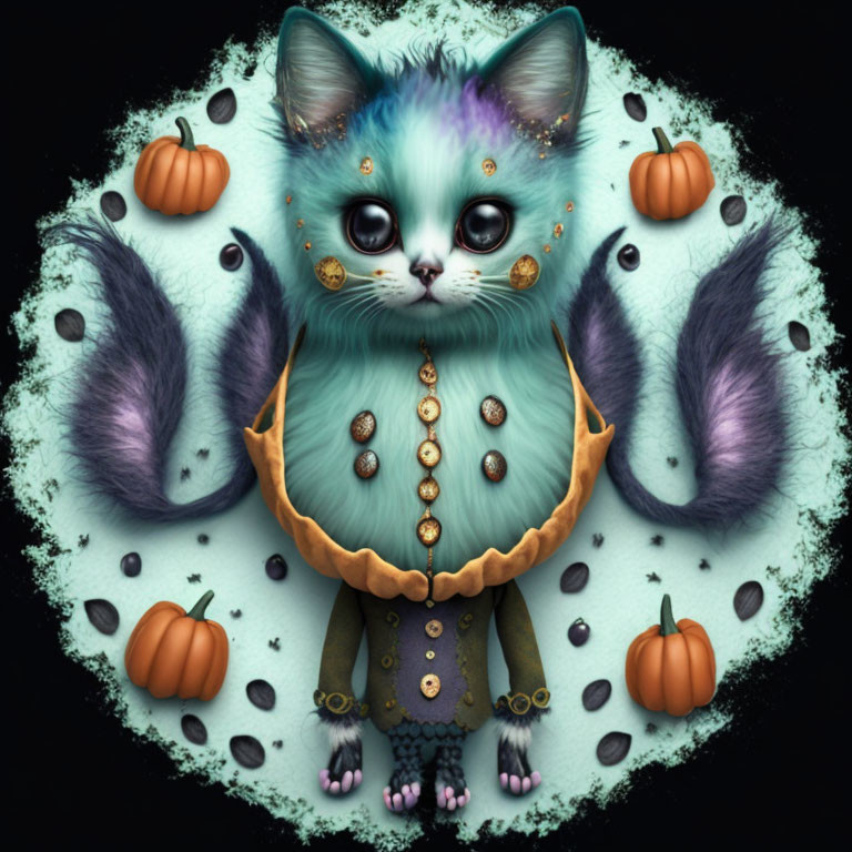 Fantasy cat illustration with blue and green fur and pumpkin-themed coat