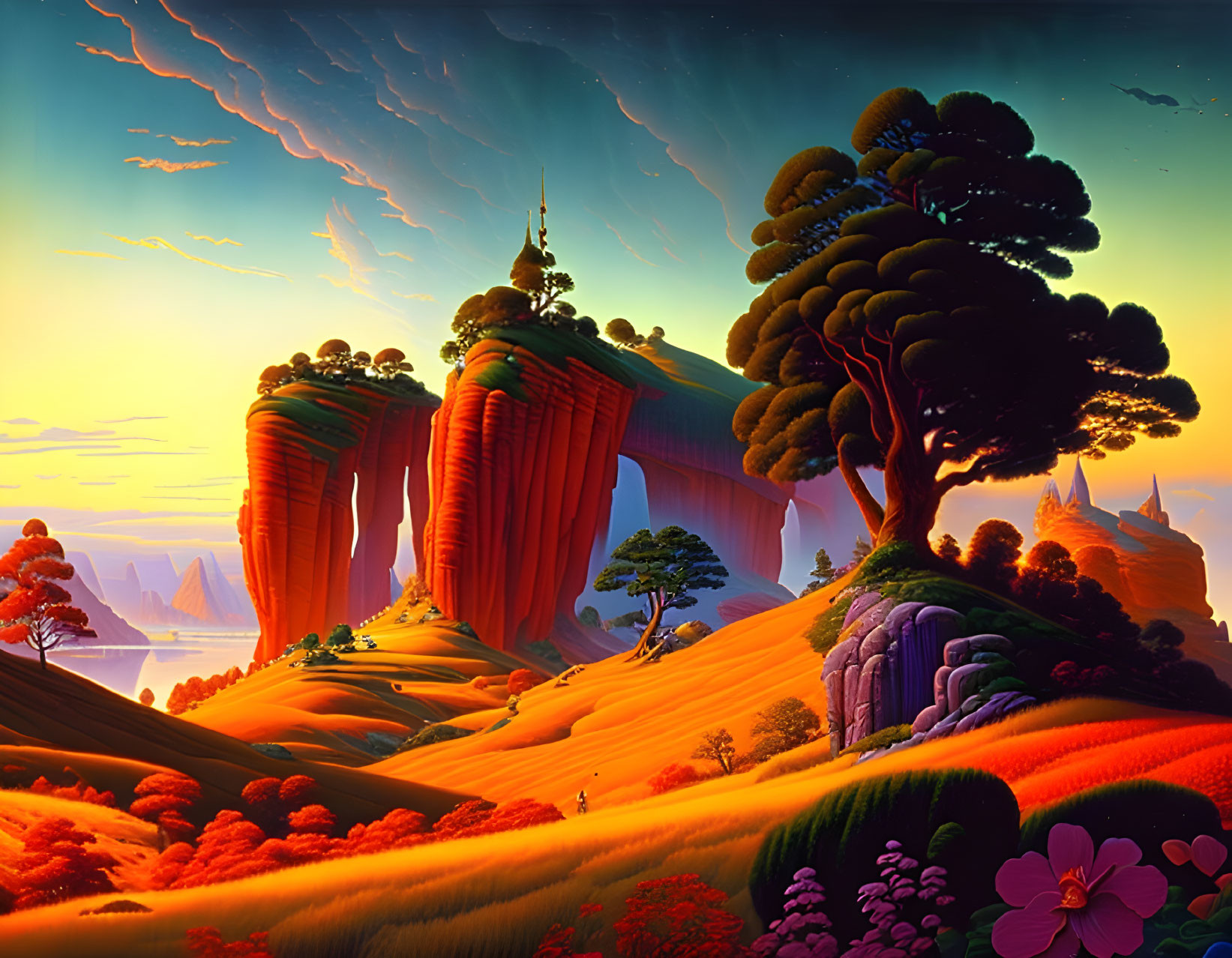 Fantasy landscape with red cliffs, greenery, castle under twilight sky