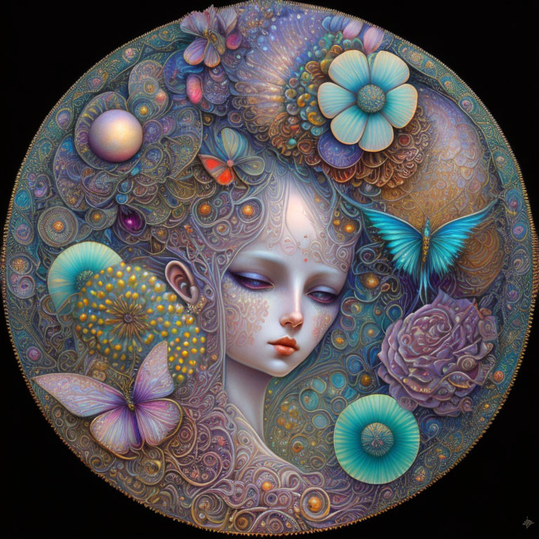 Circular Artwork: Serene Female Face with Patterns, Flowers, and Butterflies