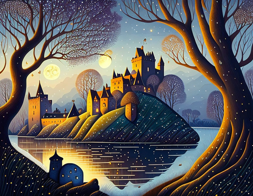 Whimsical illustration of glowing castles on hill under starry skies