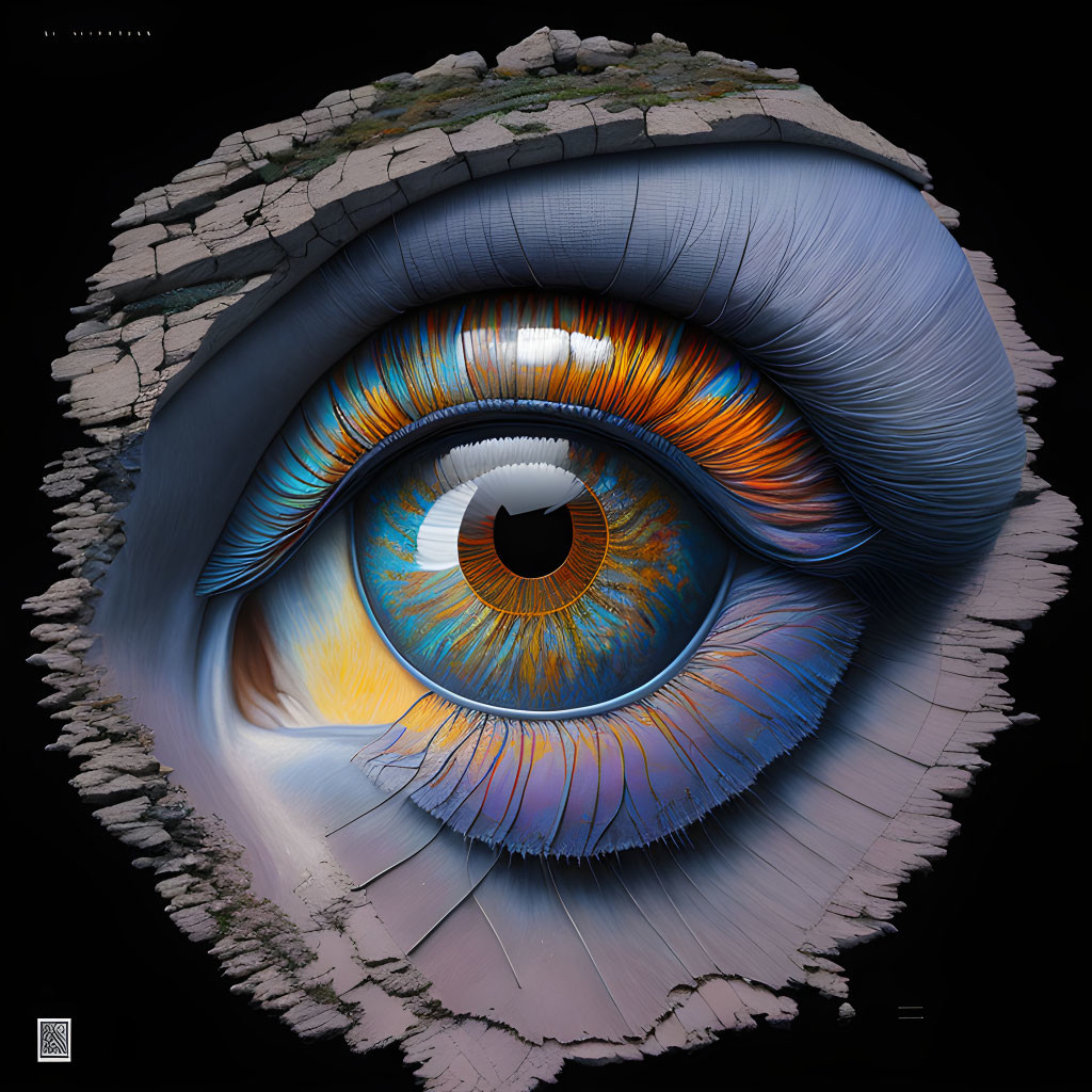 Vividly colored eye in surreal landscape on cracked ground