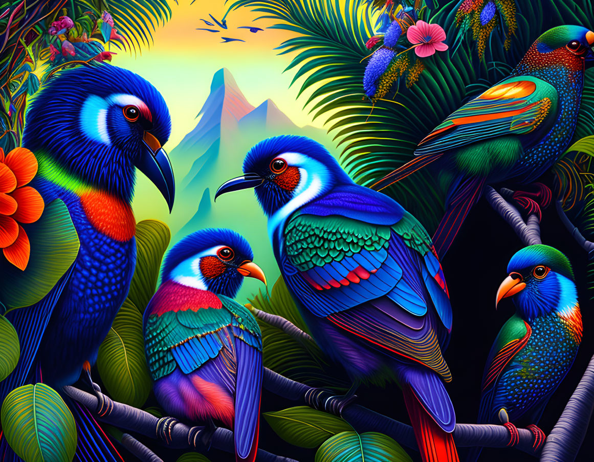 Colorful exotic birds in lush jungle sunset.