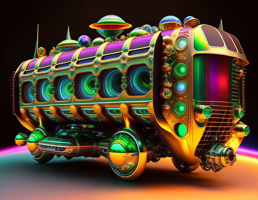 Futuristic bus with neon lights and alien-like embellishments