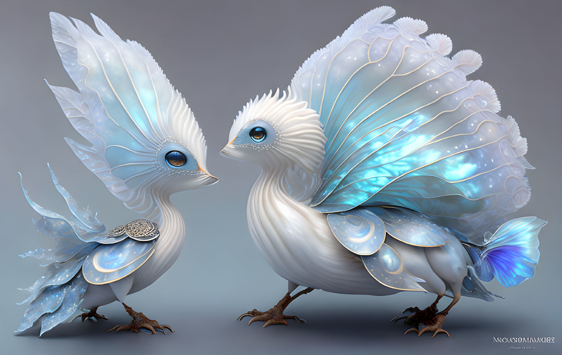 Exquisite white and blue plumage birds on neutral background