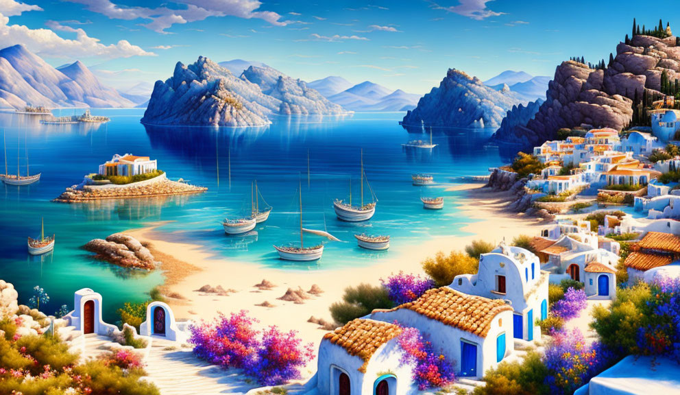 Scenic coastal view with white buildings, blue roofs, sailboats, greenery, and purple flowers