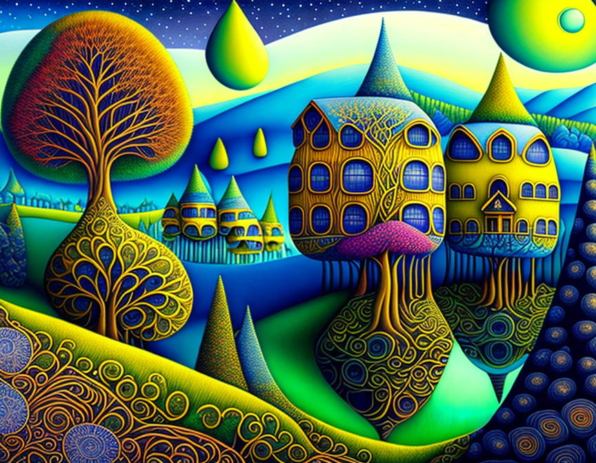 Colorful Psychedelic Landscape with Stylized Trees and Whimsical Houses