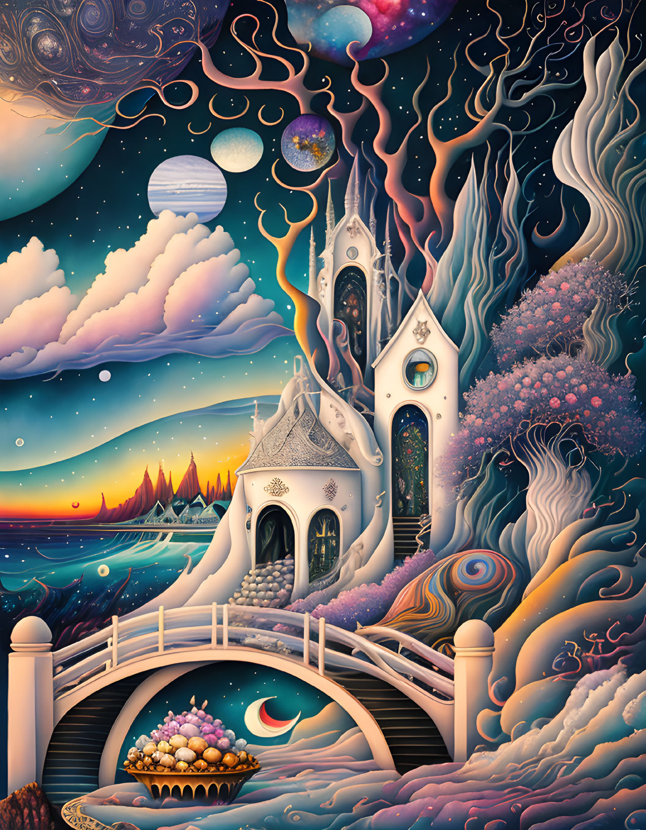 Whimsical castle and cosmic landscape with vibrant colors