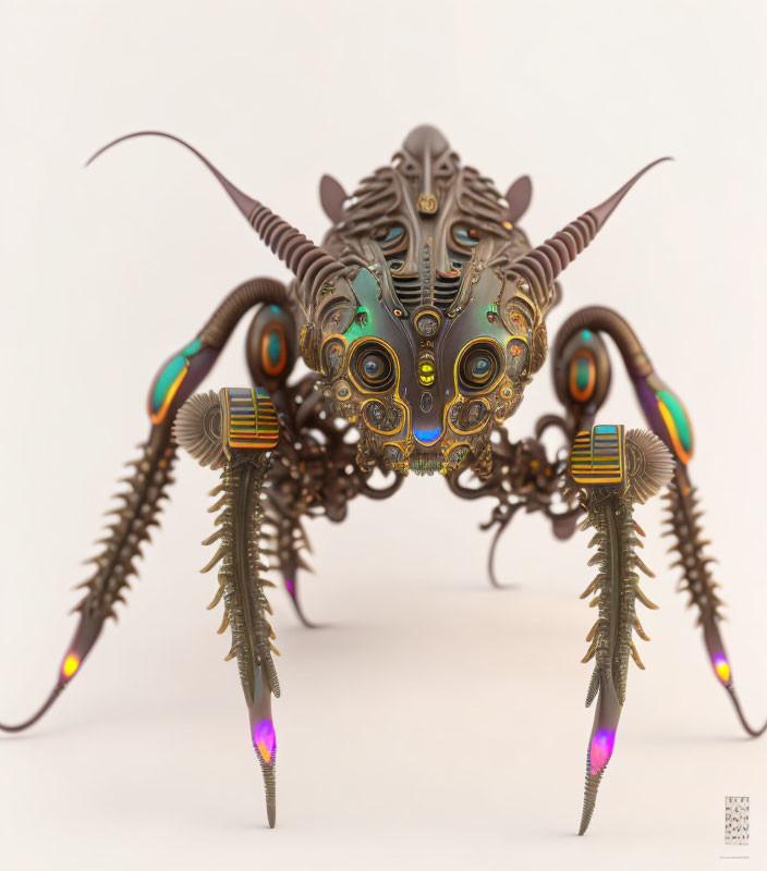 Steampunk-inspired robotic insect with metal details and purple accents