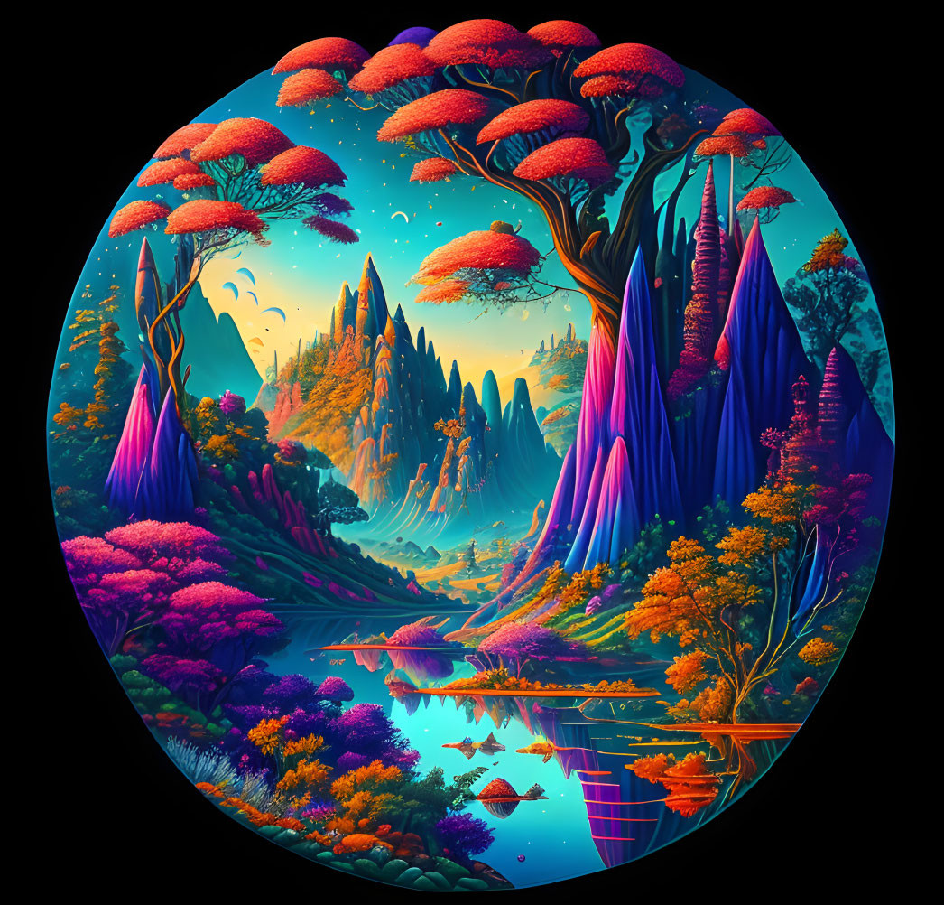 Circular Fantasy Landscape with Fluorescent Trees and Waterfalls