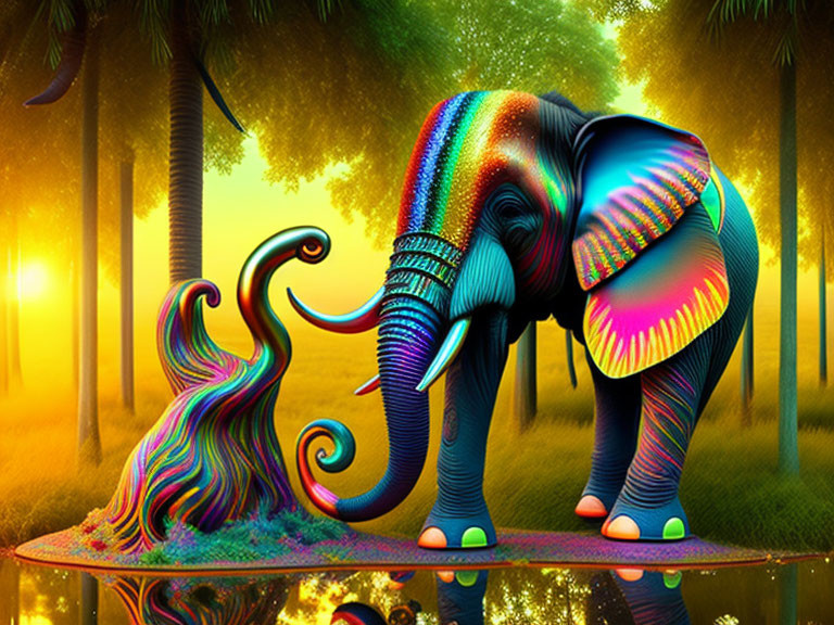 Colorful Psychedelic Elephant in Surreal Forest Setting