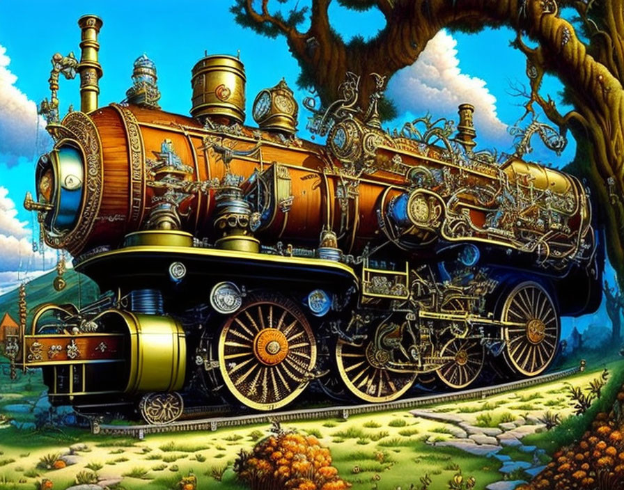 Fantastical steam locomotive on vibrant landscape with ornate details