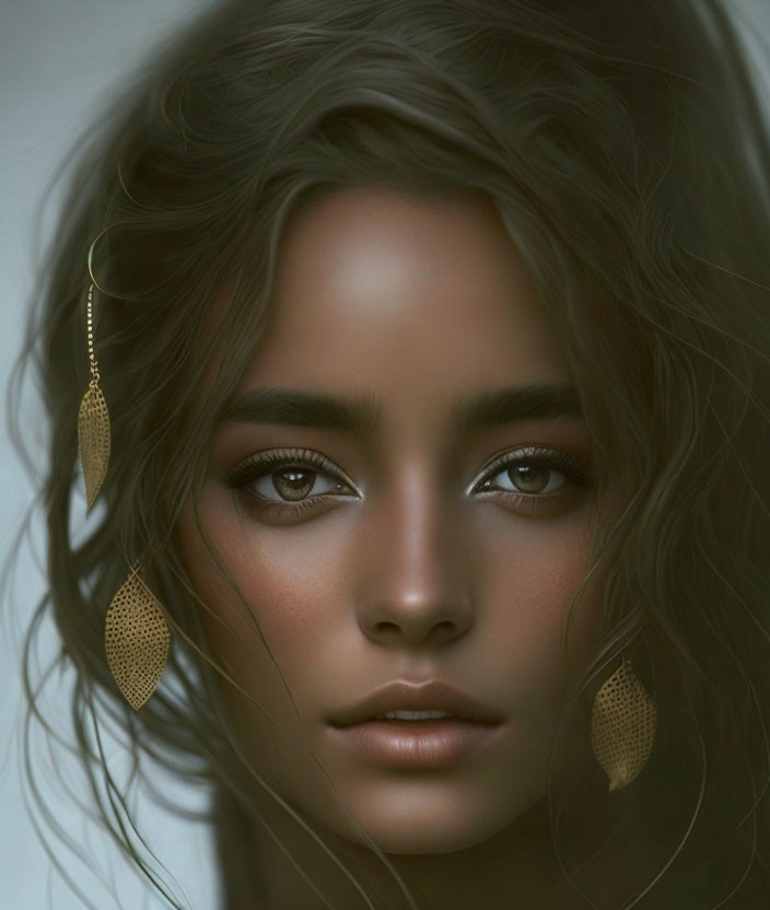 Woman's portrait: captivating eyes, tousled hair, gold teardrop earrings, serene aura