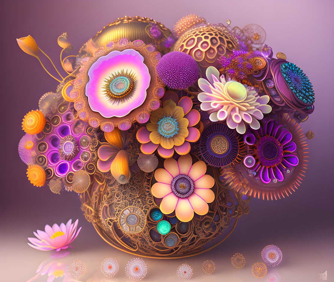 Colorful Flower and Fractal Patterns on Purple Background