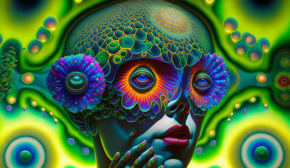 Colorful digital artwork: surreal female face with patterned eyes and psychedelic floral designs