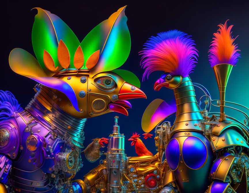 Colorful mechanical bird sculptures against dark blue backdrop