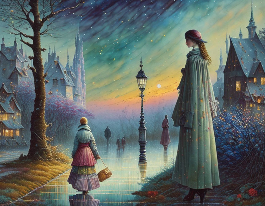 Tranquil evening scene: Two women on cobblestone path, glowing street lamps, ethereal