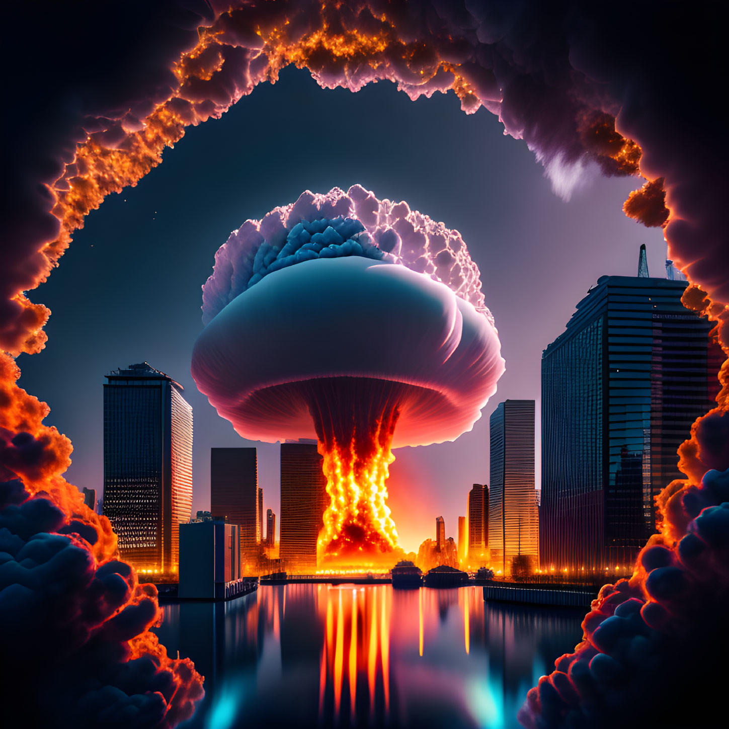 Massive mushroom cloud explosion over city skyline at twilight