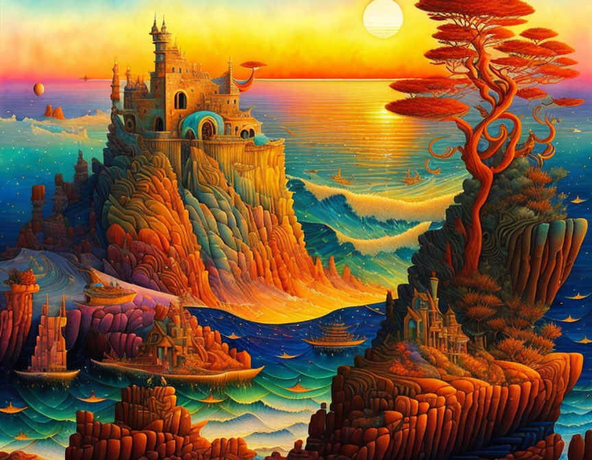 Fantasy seascape at sunset with castle, colorful terrains, and unique tree