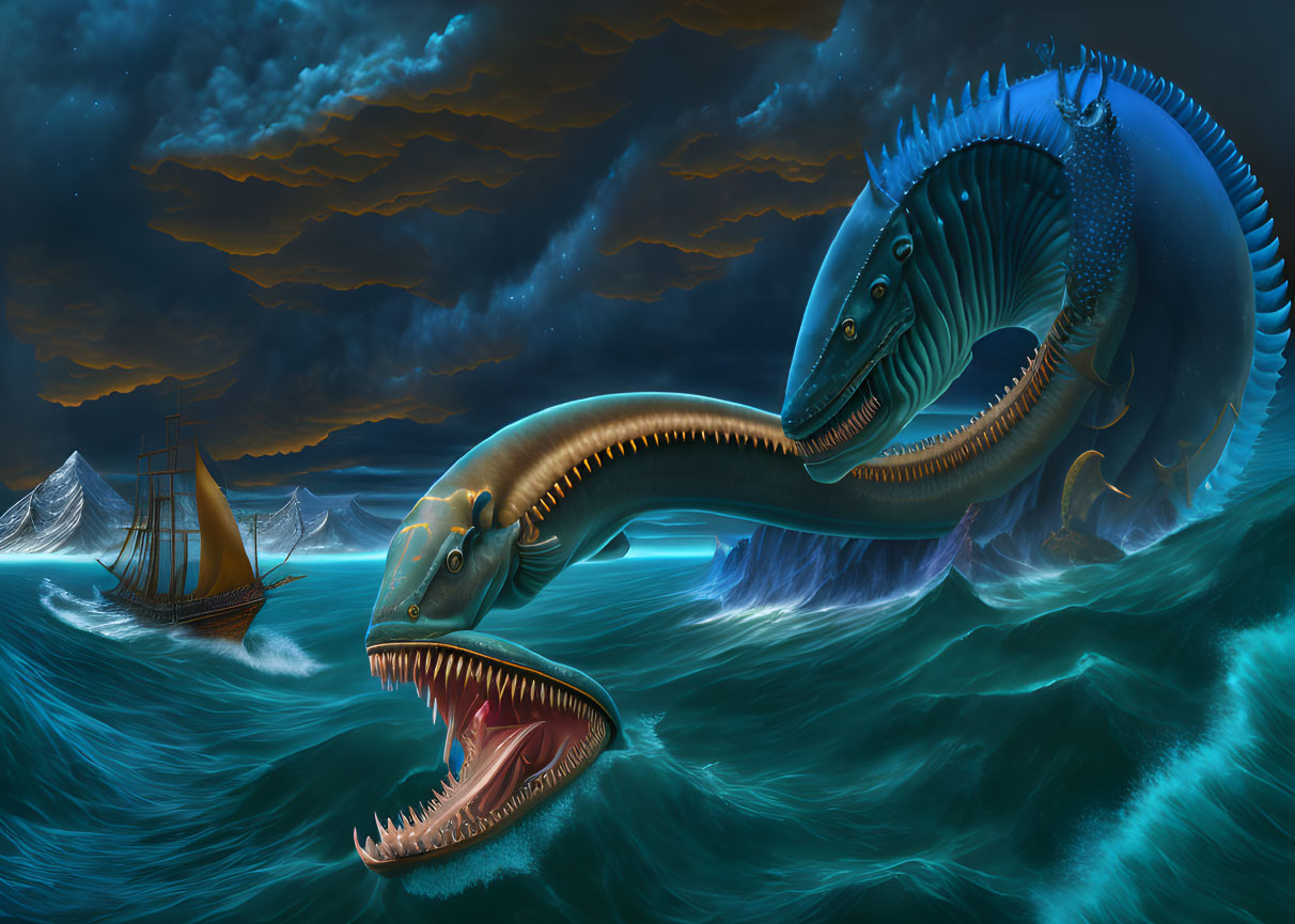 Giant sea monsters and ships in stormy ocean scene