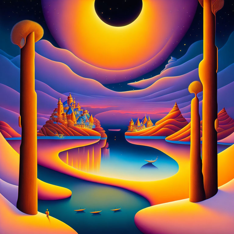 Fantastical landscape with orange towers, luminous castle, crescent moon, and silhouet