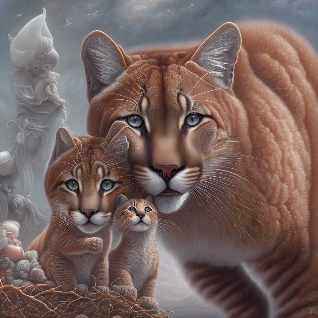 Realistic digital painting of three cougars guarding cubs under cloudy sky