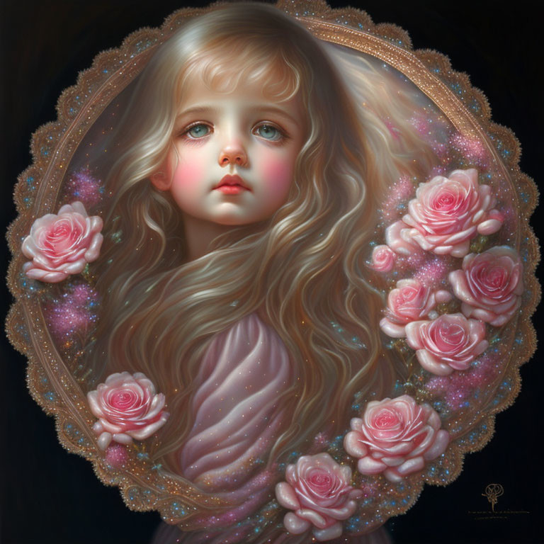 Young girl with long, wavy blonde hair in ornate halo of pink roses.